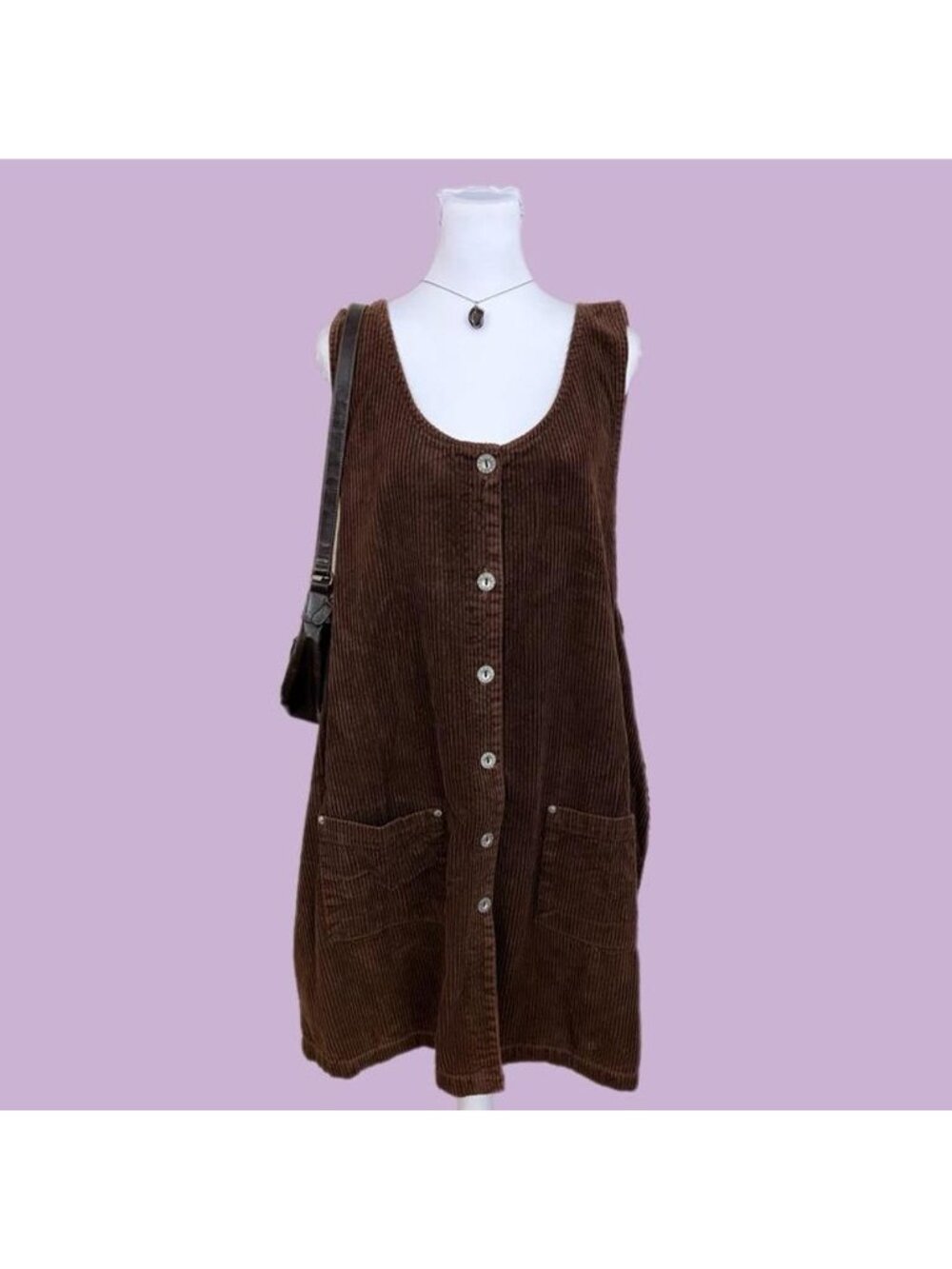 90s brown corduroy cottagecore pinafore dress